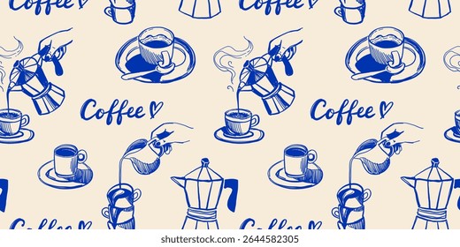 Hand drawn Mediterranean cuisine seamless pattern. Italy la dolce vita coast food coastal print, wrap paper, retro fabric, textile design. Doodle sketch crayon drawing style vector illustration.