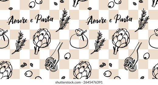 Cozinha mediterrânica desenhada à mão padrão sem costura. Itália la dolce vita costa comida impressão, papel de embrulho, tecido retro, design têxtil. Desenho de rabiscar desenho giz estilo desenho vetor ilustração.