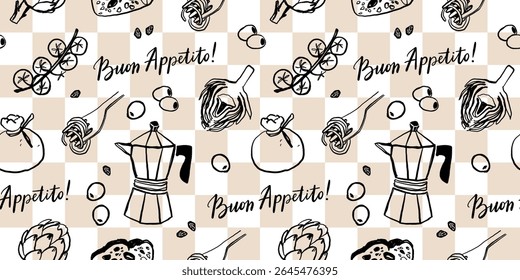 Cozinha mediterrânica desenhada à mão padrão sem costura. Itália la dolce vita costa comida impressão, papel de embrulho, tecido retro, design têxtil. Desenho de rabiscar desenho giz estilo desenho vetor ilustração.