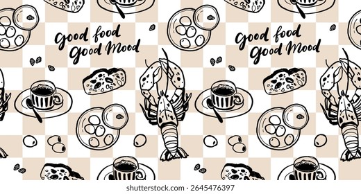 Cozinha mediterrânica desenhada à mão padrão sem costura. Itália la dolce vita costa comida impressão, papel de embrulho, tecido retro, design têxtil. Desenho de rabiscar desenho giz estilo desenho vetor ilustração.