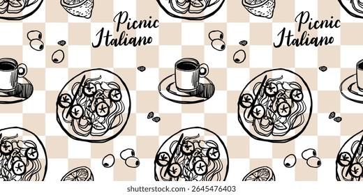 Cozinha mediterrânica desenhada à mão padrão sem costura. Itália la dolce vita costa comida impressão, papel de embrulho, tecido retro, design têxtil. Desenho de rabiscar desenho giz estilo desenho vetor ilustração.