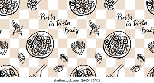 Cozinha mediterrânica desenhada à mão padrão sem costura. Itália la dolce vita costa comida impressão, papel de embrulho, tecido retro, design têxtil. Desenho de rabiscar desenho giz estilo desenho vetor ilustração.