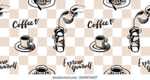 Cozinha mediterrânica desenhada à mão padrão sem costura. Itália la dolce vita costa comida impressão, papel de embrulho, tecido retro, design têxtil. Desenho de rabiscar desenho giz estilo desenho vetor ilustração.