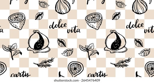 Hand drawn Mediterranean cuisine seamless pattern. Italy la dolce vita coast food coastal print, wrap paper, retro fabric, textile design. Doodle sketch crayon drawing style vector illustration.