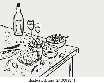Mesa de comedor mediterránea dibujada a mano con vino, pan, aceitunas, manzanas y queso, evocando acogedor. Ilustración de boceto de Vector en estilo vintage de carbón de crayón