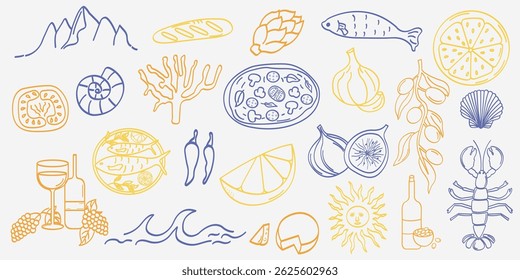 Hand drawn Mediterranean elements. Doodle food, sea, and nature illustration for greeting cards, invitations, wrapping paper and packaging designs.