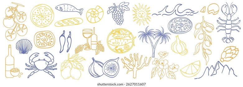 Hand drawn Mediterranean elements. Doodle food, sea, and nature illustration for greeting cards, invitations, wrapping paper and packaging designs.