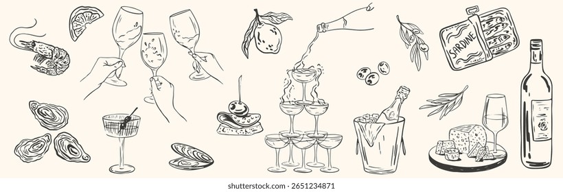 Hand drawn mediterranean food and drinks. Sketch chalk style lunch or dinner for wedding invitations, cafe or restaurant menus and parties. La dolce vita italian sicily vector illustrtion