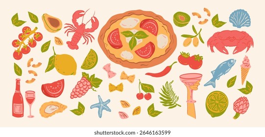 Hand drawn mediterranean food illustration set. Minimalist line art. Pasta, olive, pizza, tomato, lemon, crab, lobster, grapes, wine for invitations, menus, parties. Vector.