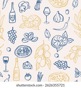 Hand drawn mediterranean food seamless pattern