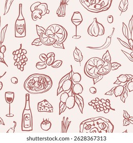 Hand drawn mediterranean food seamless pattern