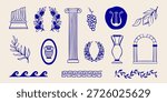 Hand drawn mediterranean Greece set with bohemian silhouette, antique vase and branch of olives. Vector illustration.