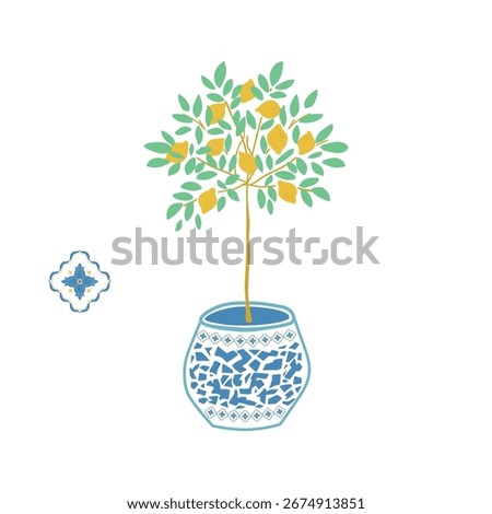 Hand drawn Mediterranean lemon tree in ceramic decorative pot. Vector isolated element. Cute citrus fruit illustration.