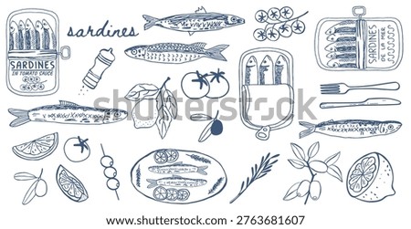 Hand drawn Mediterranean sardine in a can and seafood vector set. Blue line art featuring canned fish, lemon, olives, and tomatoes for packaging and menu design. hand drawn sketch in ink crayon style.