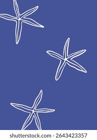 Hand drawn Mediterranean style poster. Coastal vector illustration with starfish. Ocean whimsical drawing. Marine life on blue background. Undersea aesthetic wall art. Summer beach