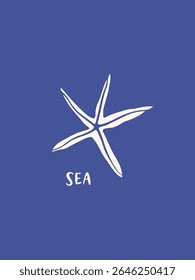 Hand drawn Mediterranean style poster. Coastal vector illustration with starfish. Ocean whimsical drawing. Marine life on blue background. Undersea aesthetic wall art. Summer beach