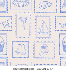 Motif harmonieux d'été méditerranéen dessiné à la main. Italie la dolce vita impression côtière, papier d'emballage, tissu rétro, design textile. Croquis griffonné palmier, citron, crabe, maillot de bain, panier à l'ananas. 