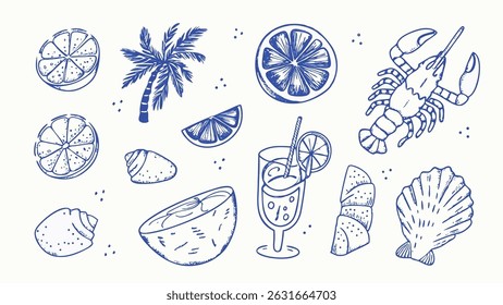 Hand drawn Mediterranean Summer Vacation Illustrations Sun Sea and Relaxation