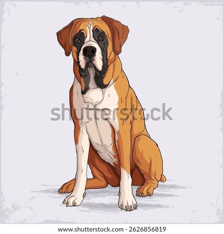 Hand drawn medium sized dog breed fawn Boxer sitting, short haired courageous, playful and loyal German boxer dog