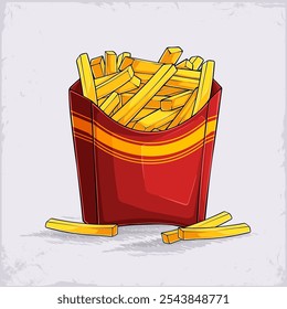 Hand drawn medium sized red box full with unhealthy but tasty yellow French fries ready to eat 