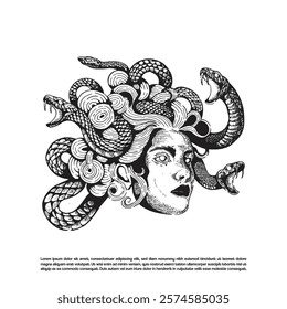 Hand drawn Medusa snake hair dark art vector. Beauty Goddess dark art illustration