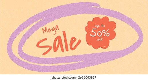 Hand Drawn Mega Sale Banner with Text Up to 50 Percent Off. Doodle Style Brush Stroke in Purple on Beige Background. Vector Illustration for Promotion or Discount.