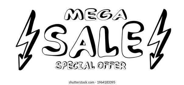 Hand drawn MEGA SALE text and lightning icon in doodle style. Mega sale banner template design for web or social media. Isolated on white background