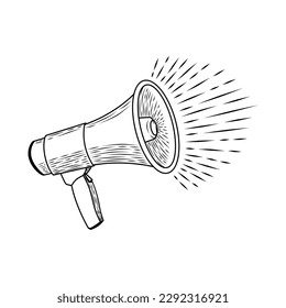 hand drawn of a megaphone on white background. Retro megaphone