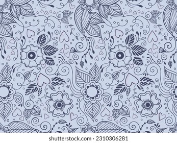 Hand drawn mehndi flowers and hearts. Seamless pattern in oriental doodle style. 