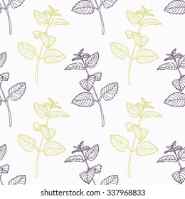Hand drawn melissa branch stylized black and green seamless pattern. Doodle drawing spicy herbs. Kitchen background. Hand drawn seasoning. Vector illustration