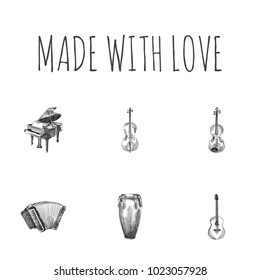 Hand drawn melody sketches set. Collection of violin, piano, acoustic and other sketch elements.