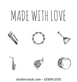 Hand drawn melody sketches set. Collection of french horn, saxophone, tambourine and other sketch elements.
