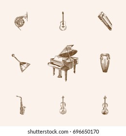 Hand Drawn Melody Sketches Set. Collection Of Guitar, Aerophone, Sax And Other Sketch Elements.