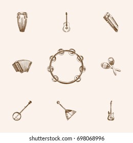 Hand Drawn Melody Sketches Set. Collection Of Drum, Chord, Timbrel And Other Sketch Elements.