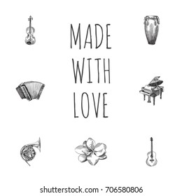 Hand Drawn Melody Sketches Set. Collection Of Guitar, Harmonica, Drum And Other Sketch Elements.