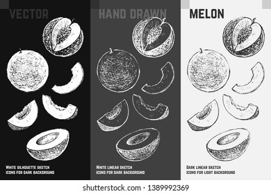 Hand drawn melon icons set isolated on white, gray and black chalk background. Sketch of fruits for packaging and menu design. Vintage vector illustration.