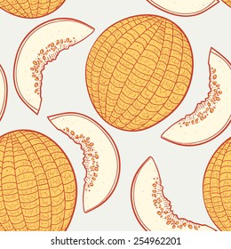 Hand drawn melon with slice seamless pattern in vector