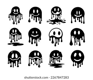 Hand drawn melting smiley faces silhouette set doodle drawings funny melted smile faces happy smiling character cartoon illustration