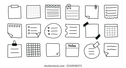 Ícone de folha de papel para memorando desenhado à mão em estilo plano. Conjunto de notas adesivas simples. Ilustração de vetor de nota adesiva em plano de fundo isolado. Memorando. Vários adesivos de papel. 