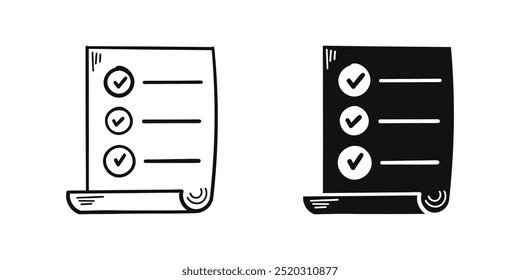 Ícone de folha de papel para memorando desenhado à mão em estilo plano. Ilustração de vetor de lista de verificação em plano de fundo isolado. Conceito comercial de assinatura de lista de tarefas pendentes.