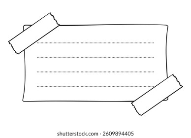 Hand drawn memo paper sheet, sticky note, reminder, to do list, sticky tape. Bullet journal elements in line art doodle style.