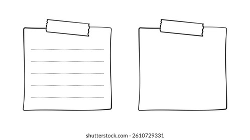 Hand drawn memo paper sheet, sticky note, reminder, to do list, sticky tape. Bullet journal elements in line art doodle style.