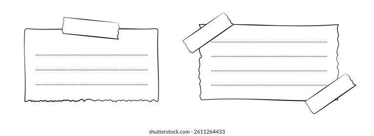 Hand drawn memo paper sheet collection, sticky note set, reminder, to do list, sticky tape. Bullet journal elements in line art doodle style.