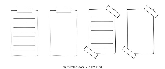 Hand drawn memo paper sheet, sticky note, reminder, to do list, sticky tape. Bullet journal elements in line art doodle style.