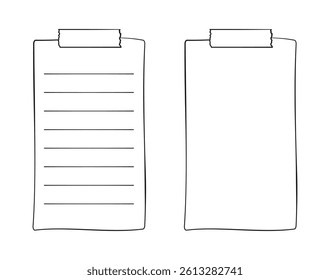 Hand drawn memo paper sheet, sticky note, reminder, to do list, sticky tape. Bullet journal elements in line art doodle style.