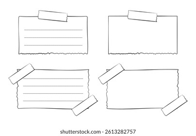 Hand drawn memo paper sheet collection, sticky note set, reminder, to do list, sticky tape. Bullet journal elements in line art doodle style.