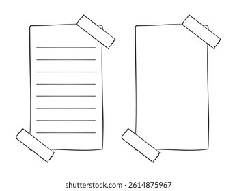 Hand drawn memo paper sheet, sticky note, reminder, to do list, sticky tape. Bullet journal elements in line art doodle style.