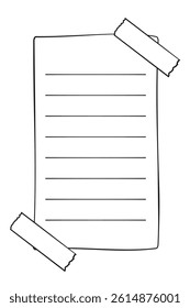 Hand drawn memo paper sheet, sticky note, reminder, to do list, sticky tape. Bullet journal elements in line art doodle style.