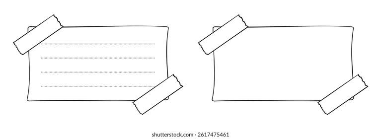 Hand drawn memo paper sheet collection, sticky note set, reminder, to do list, sticky tape. Bullet journal elements in line art doodle style.