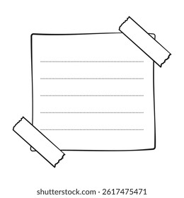 Hand drawn memo paper sheet, sticky note, reminder, to do list, sticky tape. Bullet journal elements in line art doodle style.